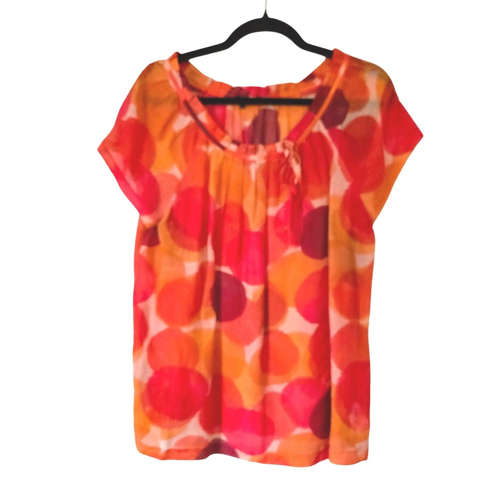 Theory Womens L Blouse Orange Red Silk Blend Pleated Tie Neck Top Circle Print